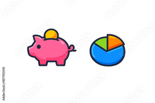 Piggy bank and pie chart icons on dark gray background