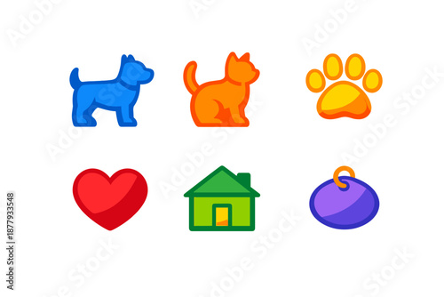 Dog cat paw heart house and tag icons with glowing effect