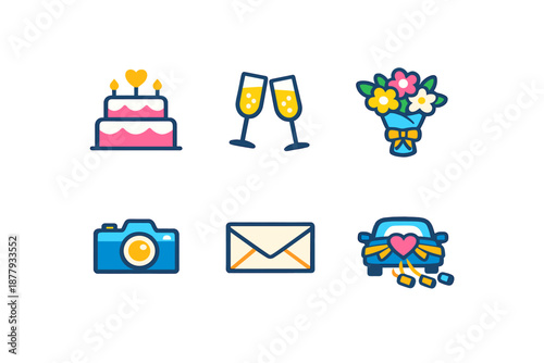 Celebration Icons: Cake, Champagne, Flowers, Camera, Envelope, Car