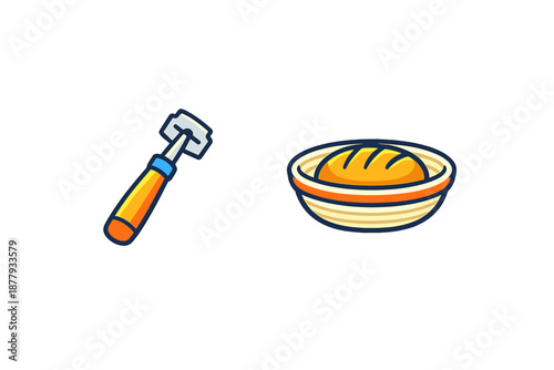 Cartoon razor and bread in a basket