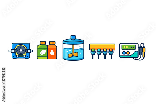 Industrial equipment icons: pump, bottles, mixer, manifold, meter