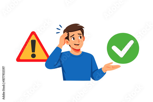 Confused man facing decision between risk and success