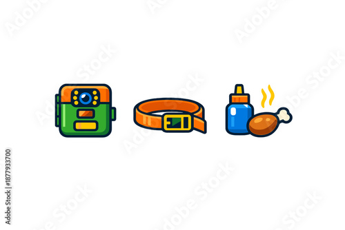 Pet tracker, collar, and food icons