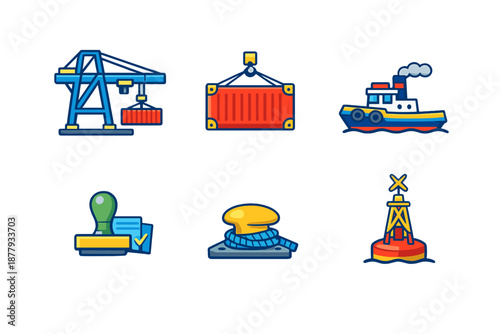 Set of marine and port icons on a dark background