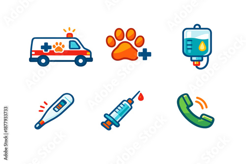 Veterinary icons: ambulance, paw, iv bag, thermometer, syringe, phone
