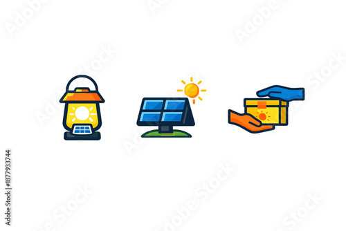 Solar energy icons: lantern, solar panel, package delivery