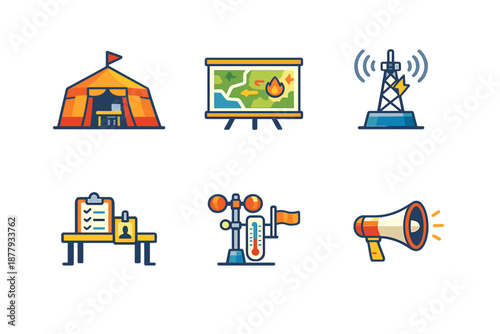 Emergency management icons: tent, map, tower, desk, weather station