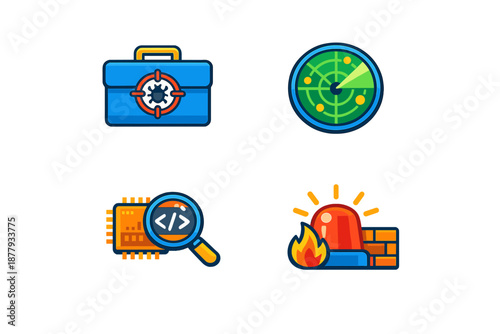 Cybersecurity icons: virus scan, radar, code analysis, firewall