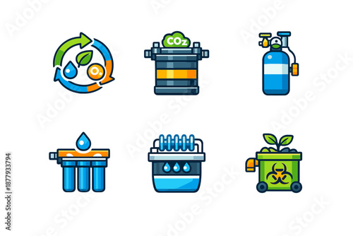Eco-friendly technology icons: recycling, CO2 filter, gas cylinder