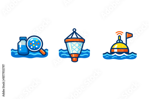 Water research icons: bottle, magnifier, net, and buoy