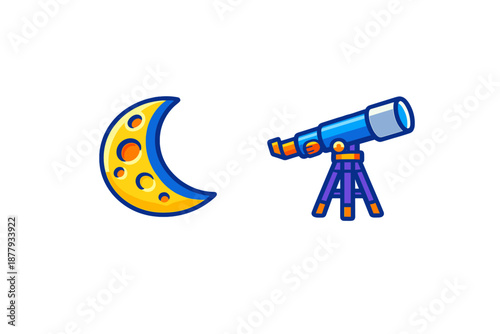 Stylized Crescent Moon and Telescope with Tripod
