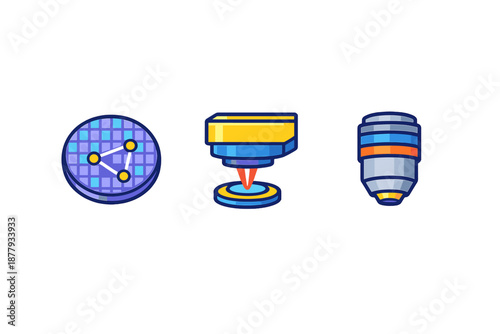 Microchip manufacturing equipment and science icons