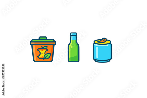 Recycling symbols: trash can, bottle, and can