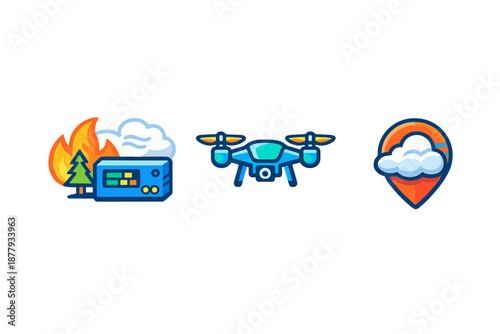 Drone, weather, and fire icons