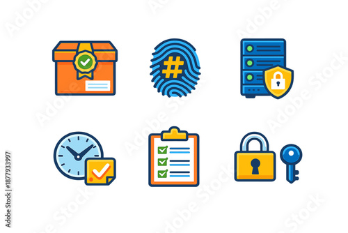 Collection of six flat design icons with neon glow effect