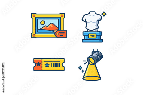 Art museum icons: painting, sculpture, ticket, spotlight