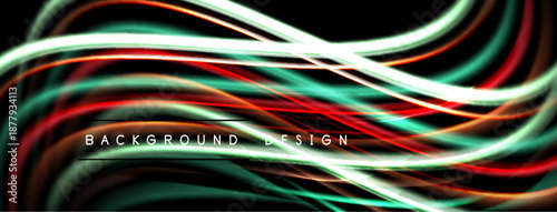 Abstract vibrant lines create flowing shapes. Dark background emphasizes colorful energy, modern design element.