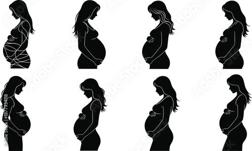 Pregnant woman silhouette set, maternity poses, prenatal care concept, black vector illustration, motherhood theme, cad drawing flat vector illustration