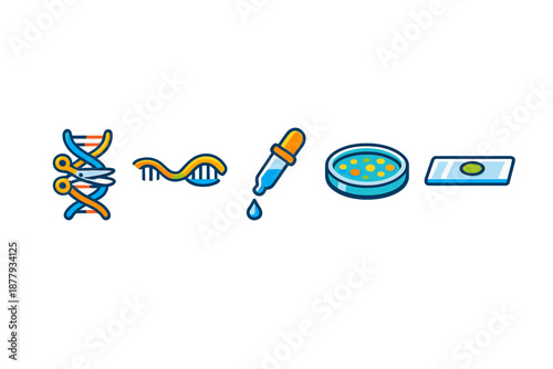 Molecular biology icons: DNA, scissors, pipette, petri dish
