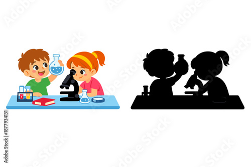 Children conducting science experiment with microscope and flask