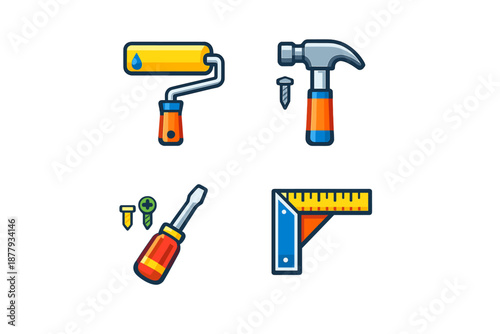 Set of cartoon construction and repair tools icons