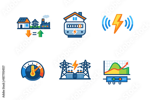 Electricity grid icons showing supply, demand, and monitoring