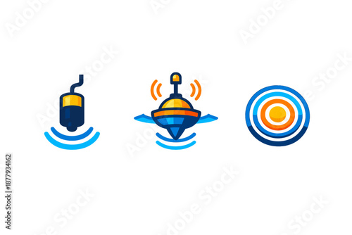 Futuristic digital icons with glowing blue and orange effects