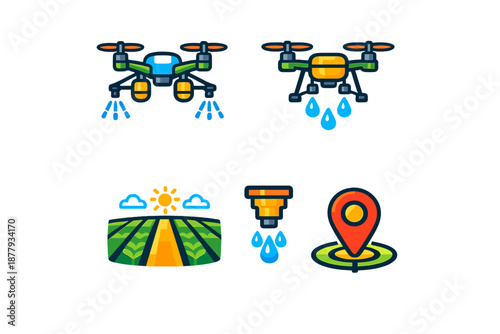 Drone spraying crops and agricultural technology icons