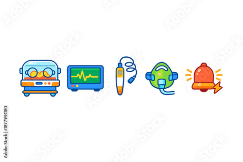 Medical equipment icons: incubator, monitor, syringe, mask, and alarm