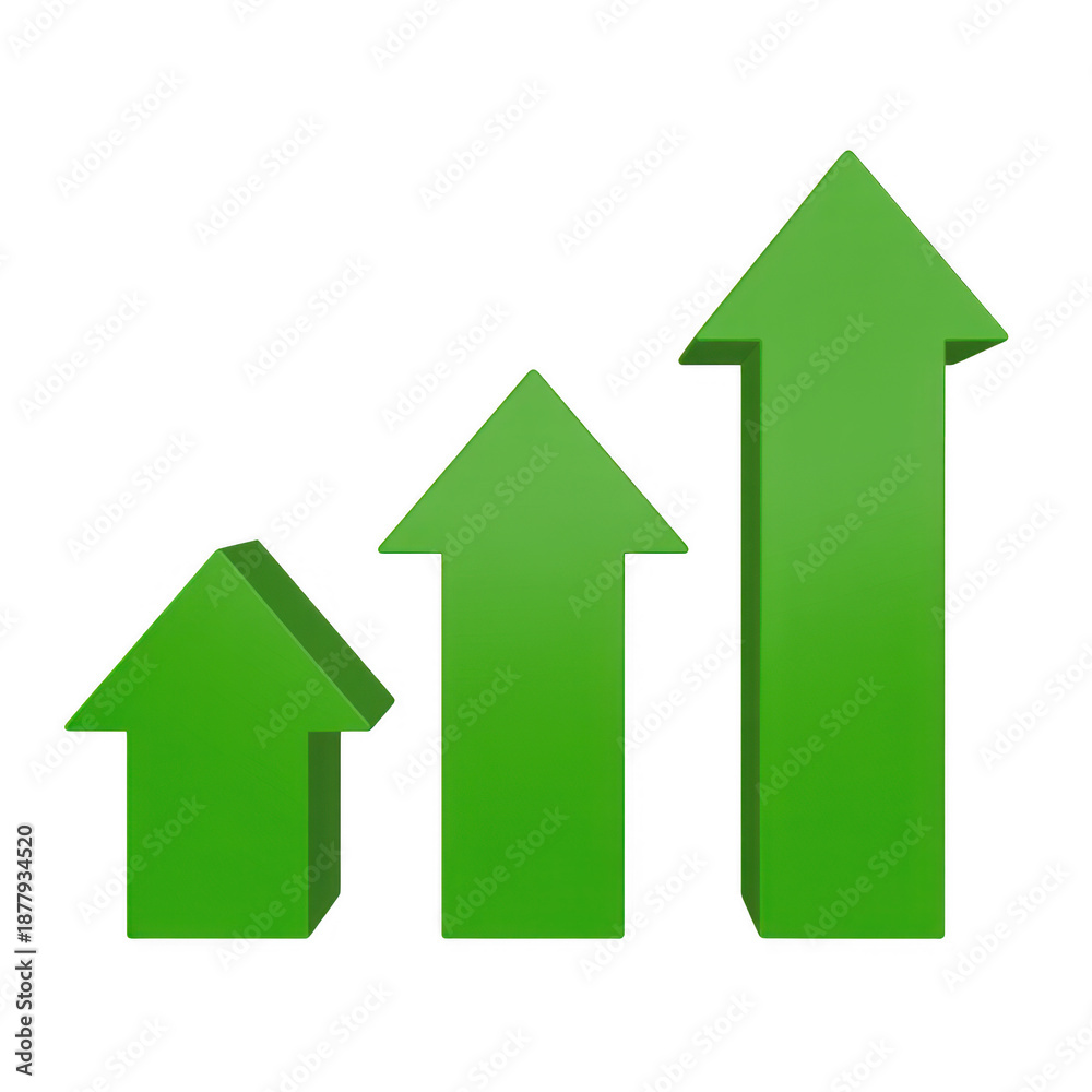 Fototapeta premium Three green arrows pointing upwards in ascending order isolated on a transparent background