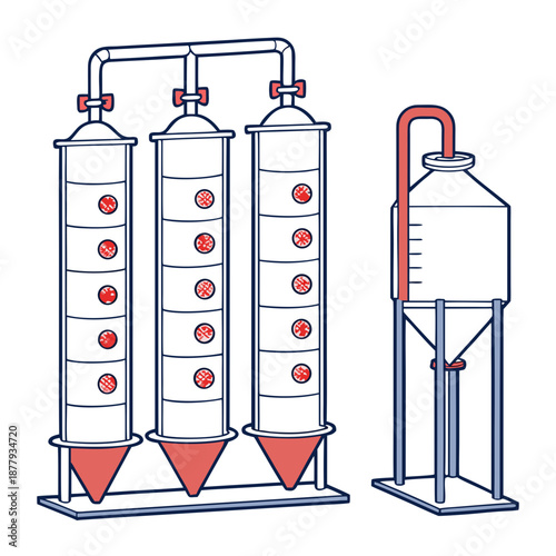 Chemical compound separation columns with layered filters, illustrating purification and filtration processes in chemistry.