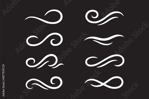 Doodle wind line sketch set. Hand drawn doodle wind blow icon. Air, wind, swirl in doodle illustration style. Doodle wind line sketch set. Hand drawn doodle wind air blow, swirl elements