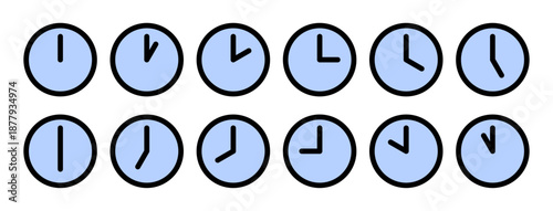 Clock Time Icons Set Showing Different Hours and Minutes with Minimal Analog Clock Faces for Time Management, Schedule Planning, Deadline Tracking, Productivity Concepts, and User Interface Design
