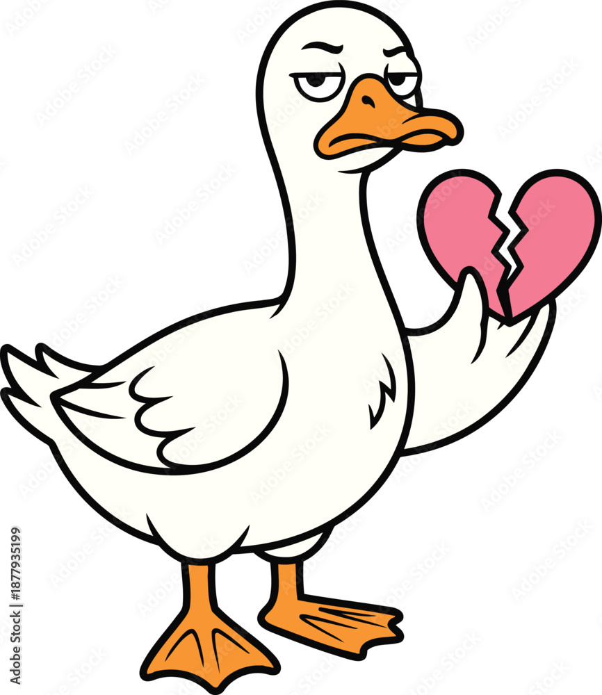 Obraz premium Sad Goose Holding Broken Heart Vector Illustration for Love and Heartbreak Theme.