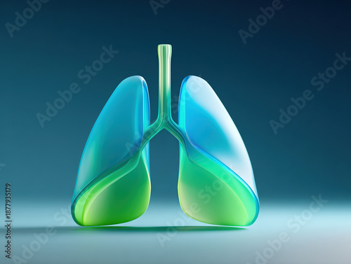 Clean 3D illustration of human lungs gradient green and blue minimalistic symbolizing health, breathing, life energy, and medical concepts. Suitable for healthcare and wellness visuals.