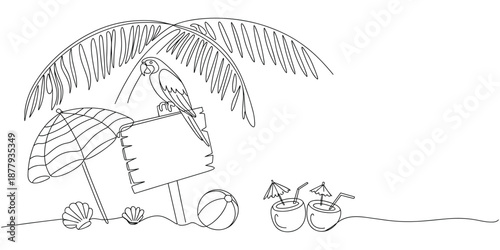 A charming continuous line drawing depicts a tropical beach scene with a parrot perched on a wooden sign under a palm tree Illustration
