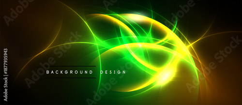 Bright neon curves radiate from center. Dark background enhances glowing lines, creating dynamic visual effect. Text reads background design.