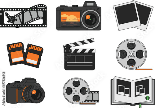 Photography and Filmmaking Equipment Vector Illustration Set Featuring Camera, Film Reel, Clapperboard, Memory Cards, Photo Frames, and Media Production Icons