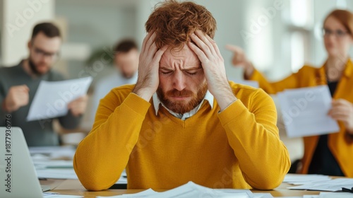 A stressed man in a yellow sweater holds his head in despair amidst a chaotic office environment filled with papers and colleagues.