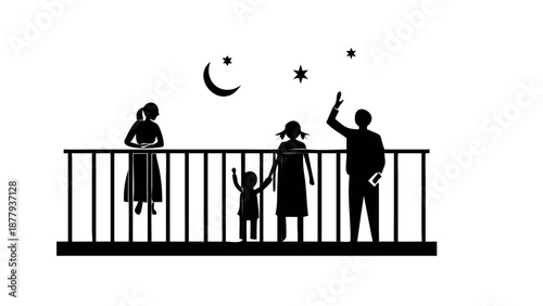 A clean silhouette of a family standing on a balcony, pointing towards a thin crescent moon and a single bright star in the sky.