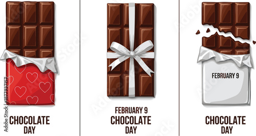 Chocolate Day illustration set with wrapped chocolate bars ribbon gift heart design February nine valentine sweet celebration concept