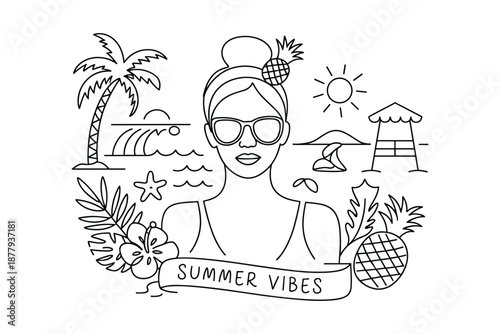 Stylized line art illustration of a woman surrounded by tropical beach elements and summer symbols for a vibrant vacation feel Illustration