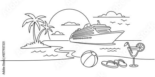Stylized line drawing of a tropical beach scene with a cruise ship and vacation essentials Illustration