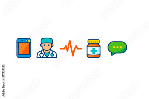 Digital healthcare icons with a heartbeat graphic