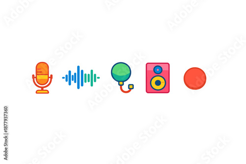 Audio icons: microphone, sound wave, speaker, record button