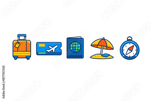 Travel Icons: Suitcase, Ticket, Passport, Umbrella, Compass