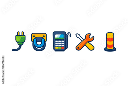 Collection of Icons: Electrical Plug, Charger, POS Terminal, Tools