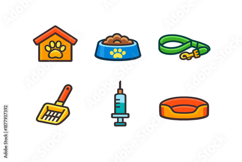 Pet Care Icons - Dog House, Food Bowl, Leash, Scoop, Syringe, Bed