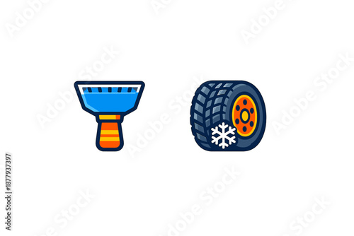 Ice scraper and winter car tire icon with snowflake