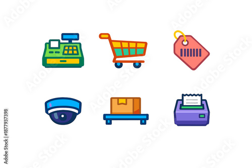 Collection of colorful retail icons with neon glow effect
